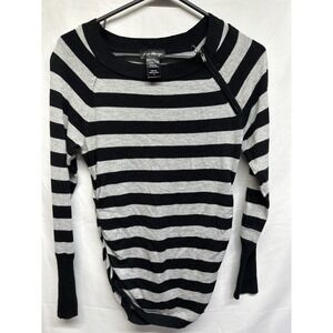 Love Always Black Gray Stripe‎ Long Sleeve Zipper Accent Ruched Sweater Top M